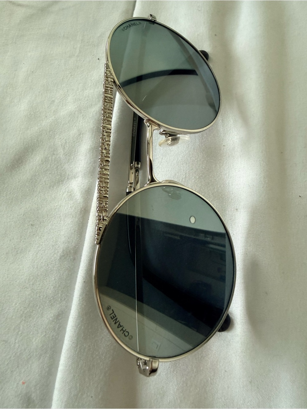 CHANEL Silver Frame Sunglasses with Gray Lenses